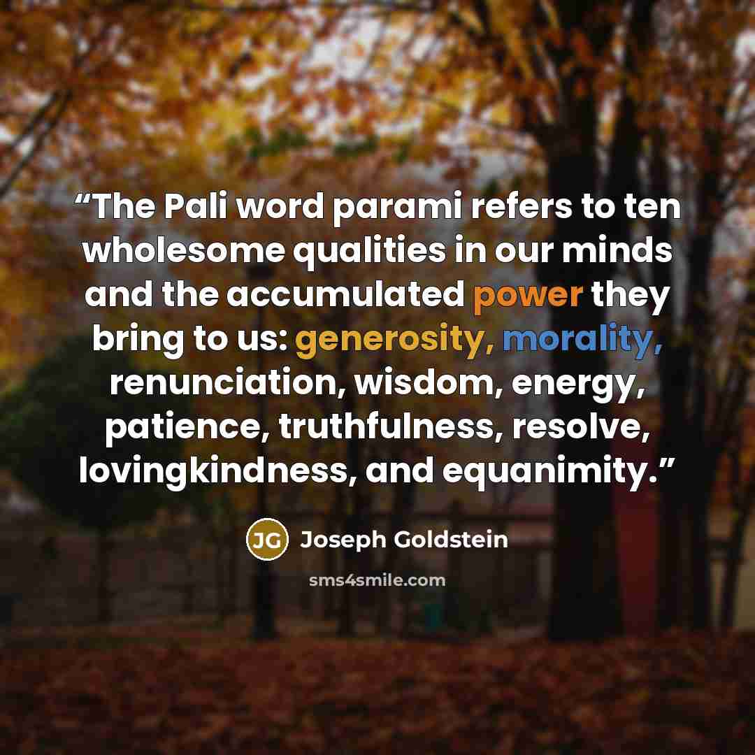 “The Pali word parami refers to ten wholesome qualities in our minds and the accumulated power they bring to us: generosity, morality, renunciation, wisdom, energy, patience, truthfulness, resolve, lovingkindness, and equanimity.” quote by Joseph Goldstein