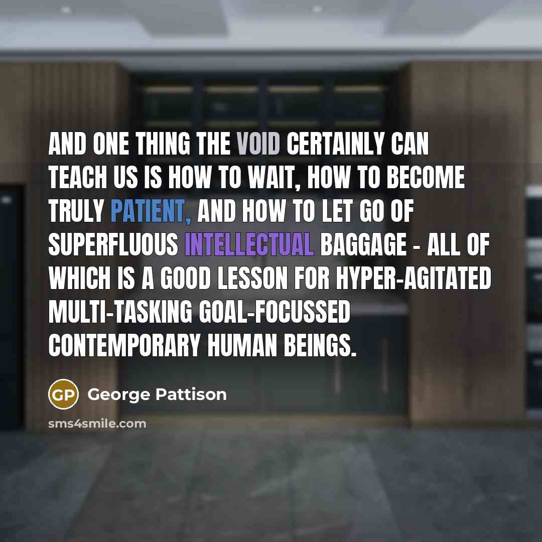 “And one thing the void certainly can teach us is how to wait, how to become truly patient, and how to let go of superfluous intellectual baggage - all of which is a good lesson for hyper-agitated multi-tasking goal-focussed contemporary human beings.” quote by George Pattison