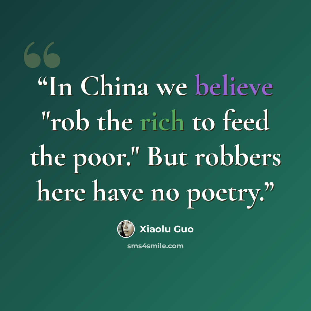 “In China we believe "rob the rich to feed the poor." But robbers here have no poetry.” quote by Xiaolu Guo