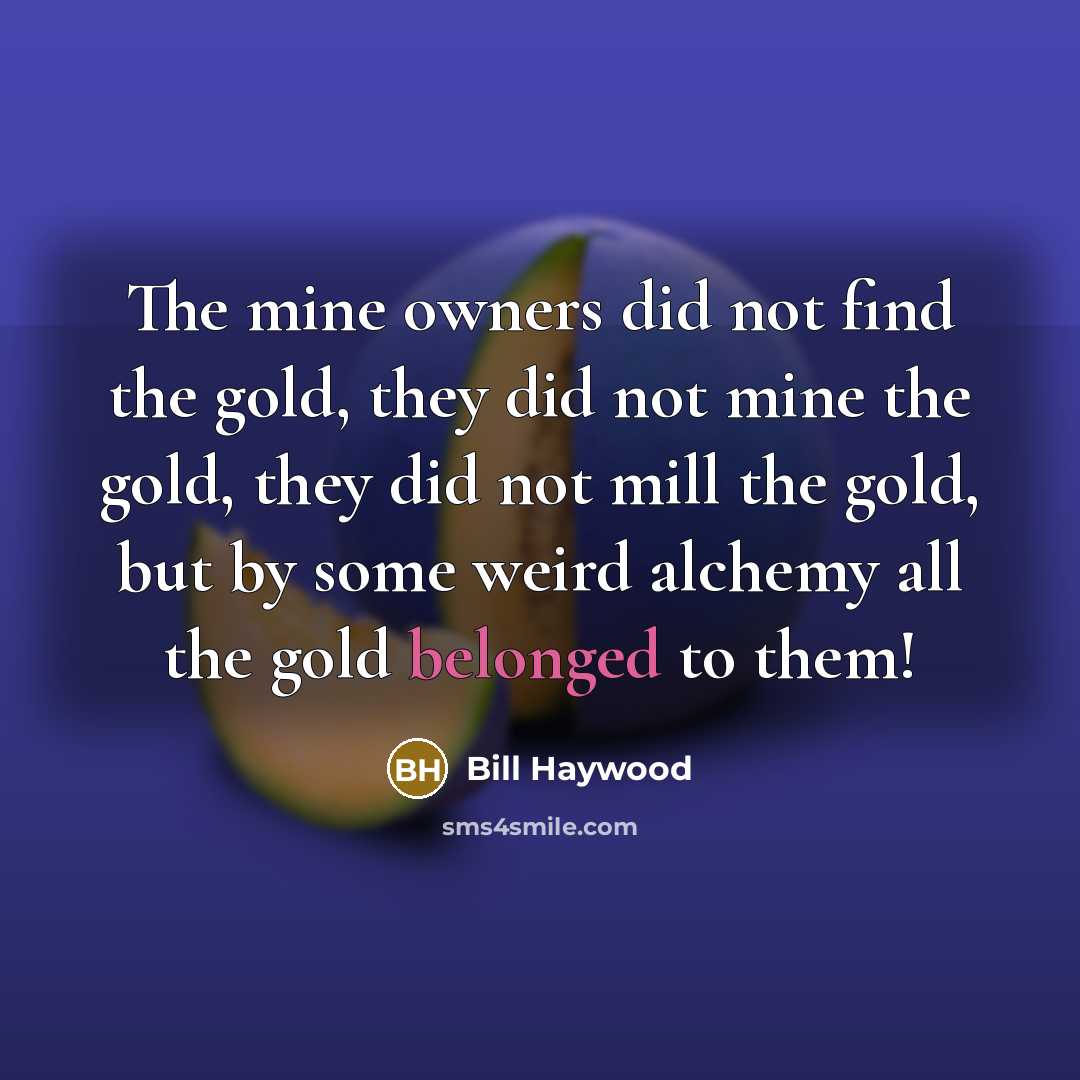 “The mine owners did not find the gold, they did not mine the gold, they did not mill the gold, but by some weird alchemy all the gold belonged to them!” quote by Bill Haywood