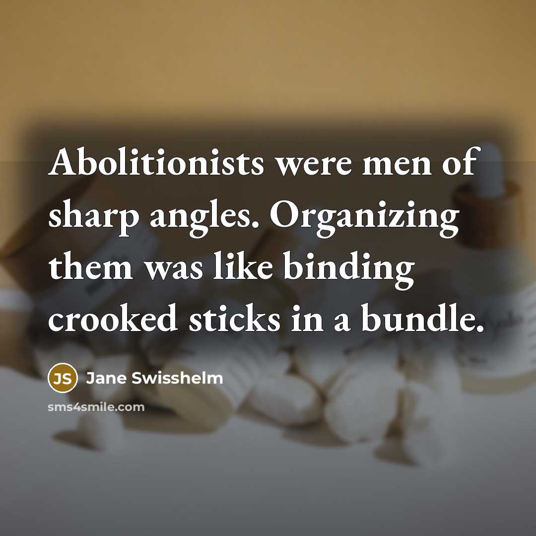 “Abolitionists were men of sharp angles. Organizing them was like binding crooked sticks in a bundle.” quote by Jane Swisshelm