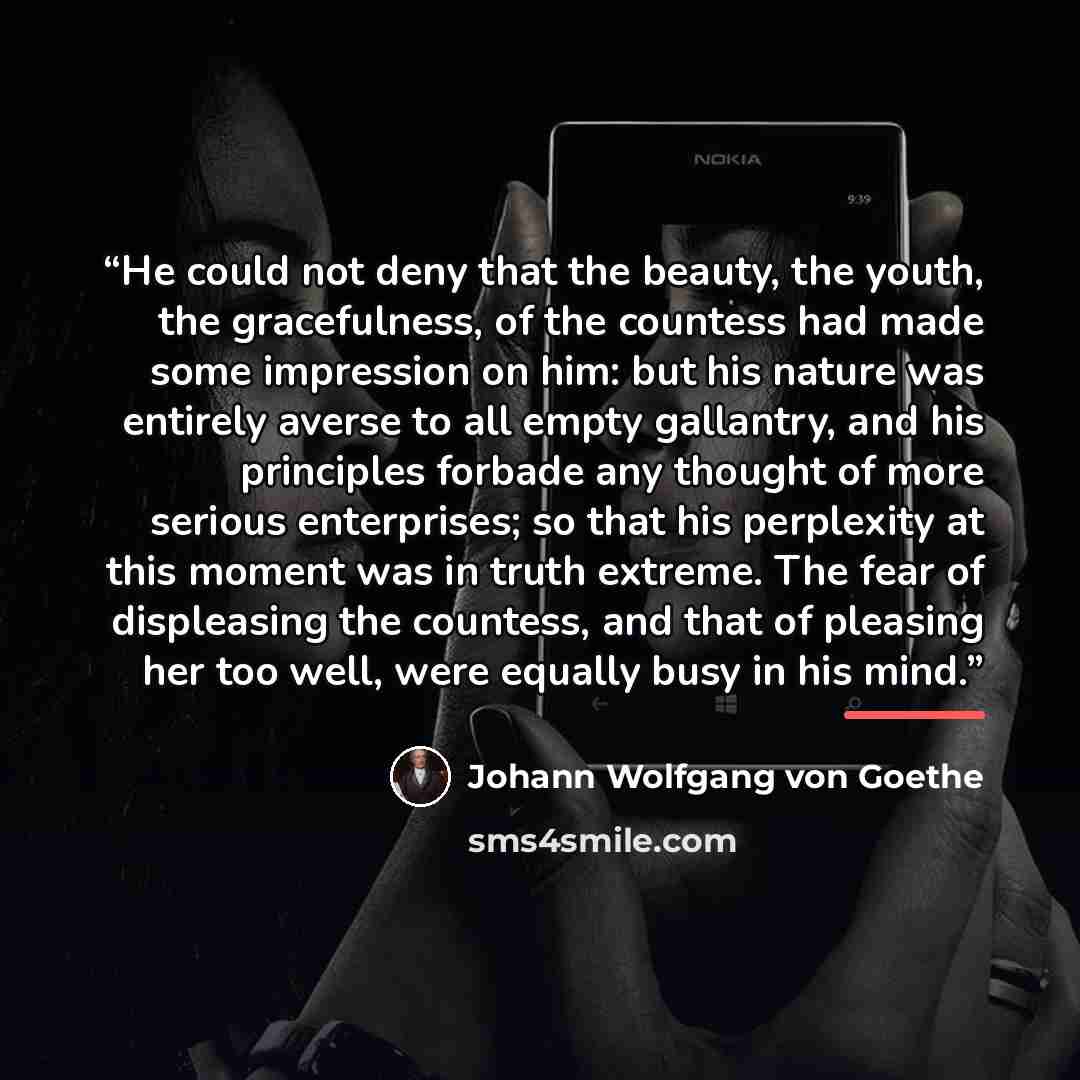 “He could not deny that the beauty, the youth, the gracefulness, of the countess had made some impression on him: but his nature was entirely averse to all empty gallantry, and his principles forbade any thought of more serious enterprises; so that his perplexity at this moment was in truth…” quote by Johann Wolfgang von Goethe