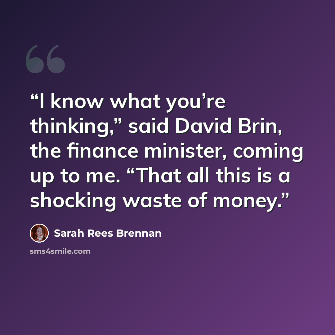 “I know what you’re thinking,” said David Brin, the finance minister, coming up to me. “That all this is a shocking waste of money.” quote by Sarah Rees Brennan