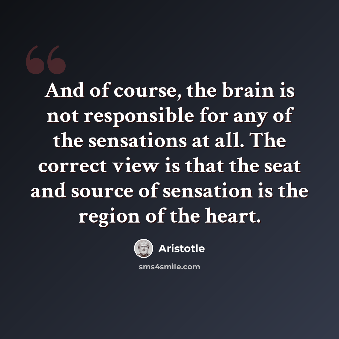 “And of course, the brain is not responsible for any of the sensations at all. The correct view is that the seat and source of sensation is the region of the heart.” quote by Aristotle
