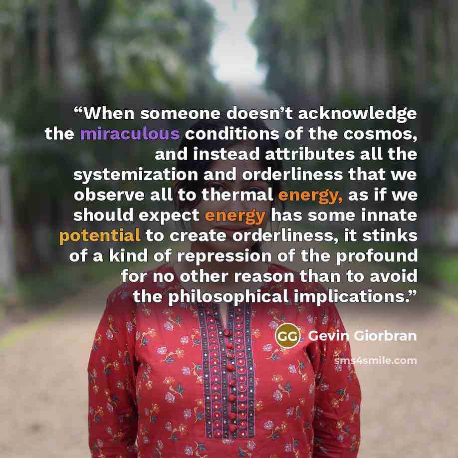 “When someone doesn’t acknowledge the miraculous conditions of the cosmos, and instead attributes all the systemization and orderliness that we observe all to thermal energy, as if we should expect energy has some innate potential to create orderliness, it stinks of a kind of repression of the…” quote by Gevin Giorbran