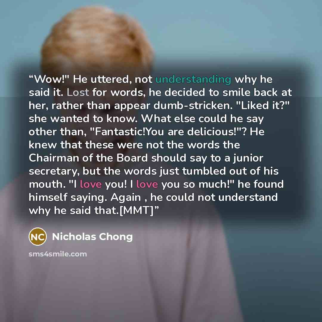 “Wow!" He uttered, not understanding why he said it. Lost for words, he decided to smile back at her, rather than appear dumb-stricken. "Liked it?" she wanted to know. What else could he say other than, "Fantastic!You are delicious!"? He knew that these were not the words the Chairman of the Board…” quote by Nicholas Chong