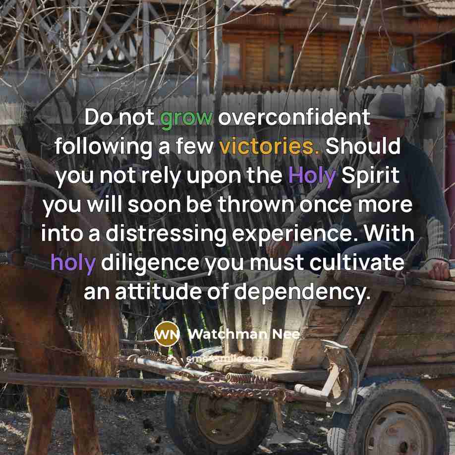 “Do not grow overconfident following a few victories. Should you not rely upon the Holy Spirit you will soon be thrown once more into a distressing experience. With holy diligence you must cultivate an attitude of dependency.” quote by Watchman Nee