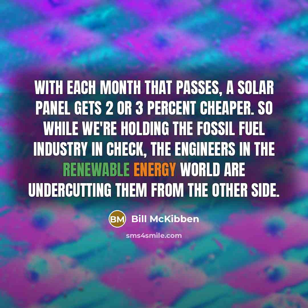 “With each month that passes, a solar panel gets 2 or 3 percent cheaper. So while we're holding the fossil fuel industry in check, the engineers in the renewable energy world are undercutting them from the other side.” quote by Bill McKibben