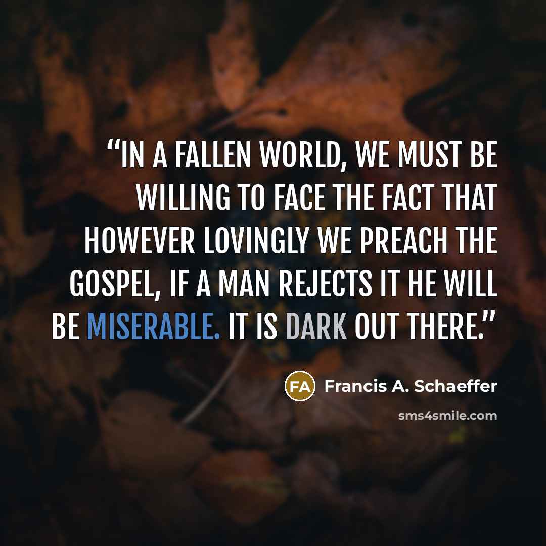 “In a fallen world, we must be willing to face the fact that however lovingly we preach the gospel, if a man rejects it he will be miserable. It is dark out there.” quote by Francis A. Schaeffer