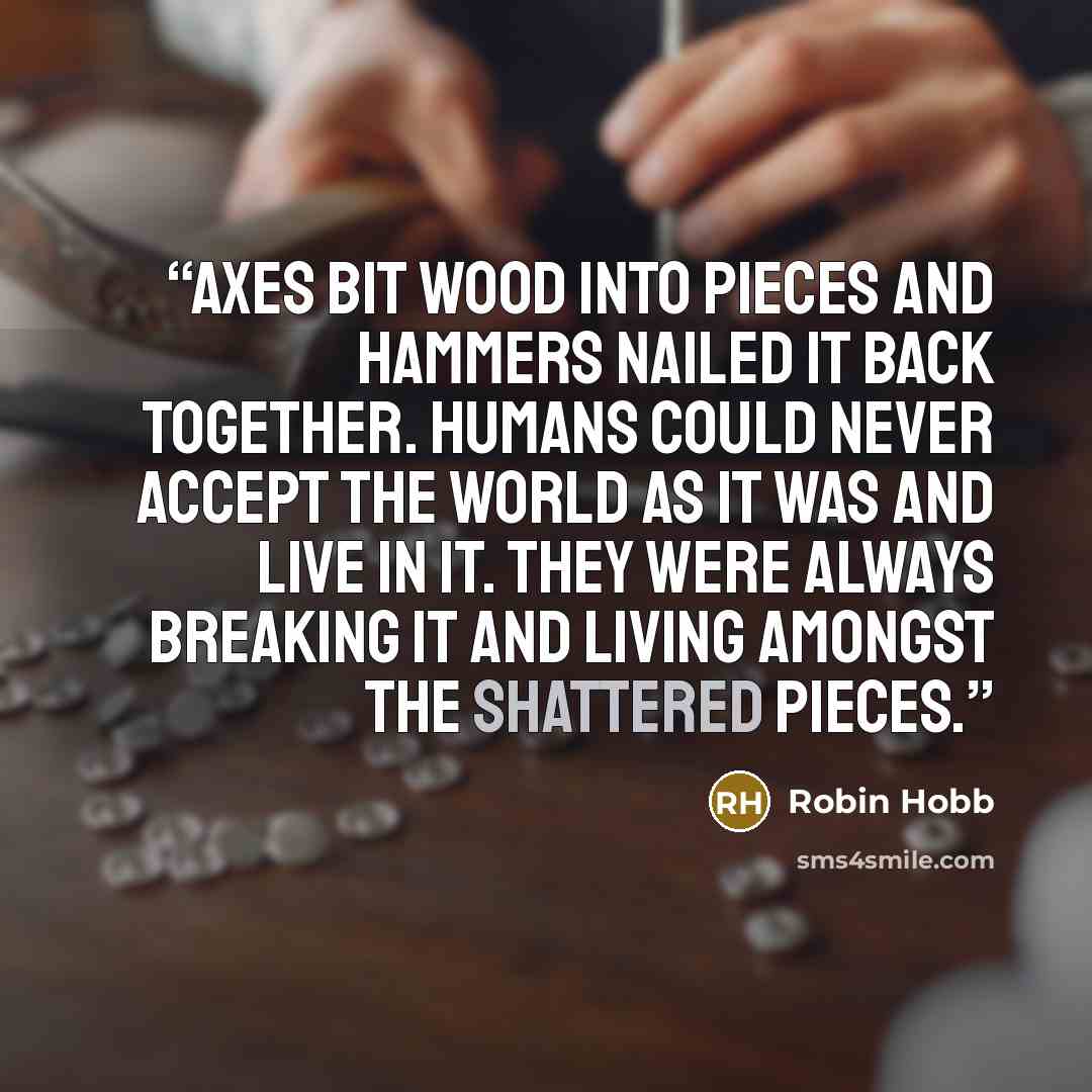 “Axes bit wood into pieces and hammers nailed it back together. Humans could never accept the world as it was and live in it. They were always breaking it and living amongst the shattered pieces.” quote by Robin Hobb