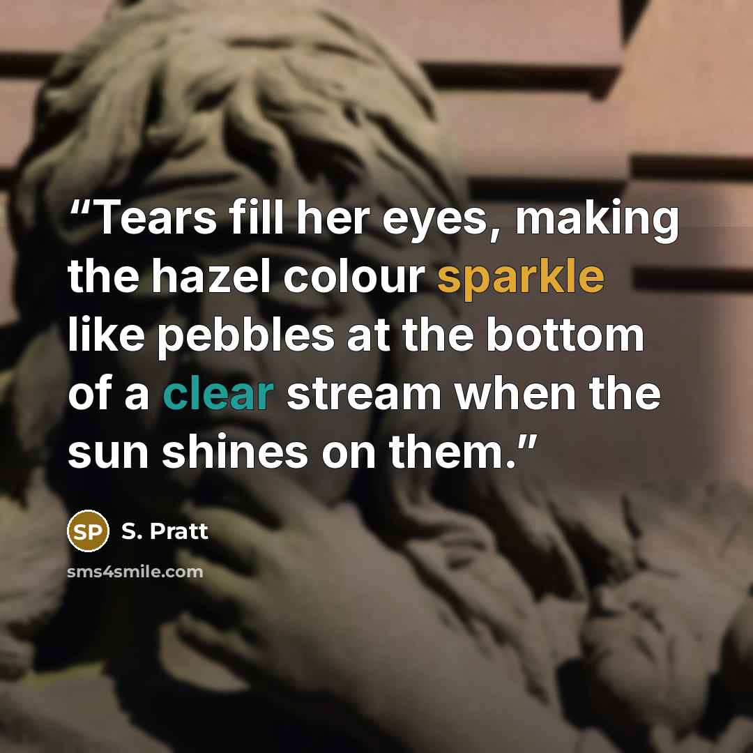 “Tears fill her eyes, making the hazel colour sparkle like pebbles at the bottom of a clear stream when the sun shines on them.” quote by S. Pratt