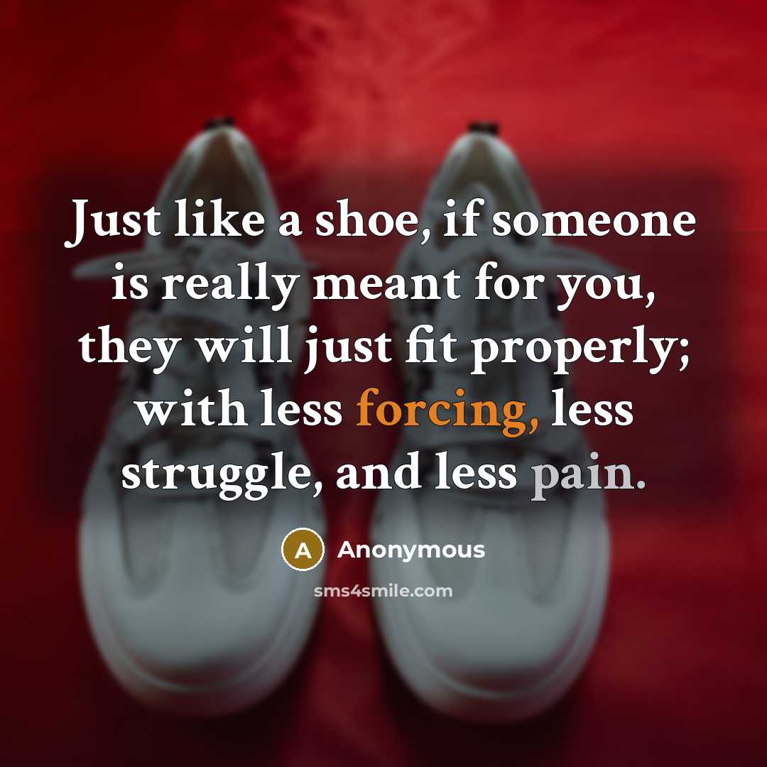 “Just like a shoe, if someone is really meant for you, they will just fit properly; with less forcing, less struggle, and less pain.” quote by Anonymous