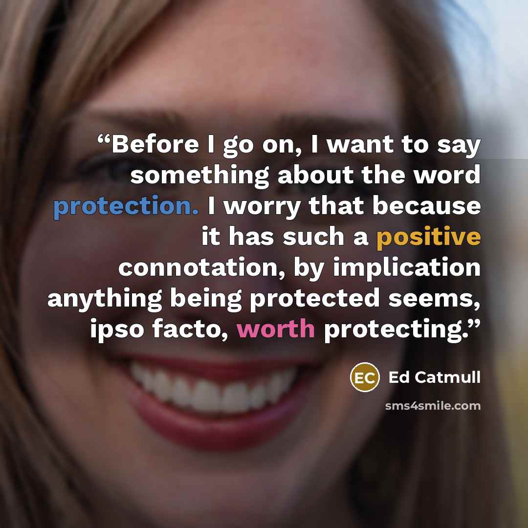 “Before I go on, I want to say something about the word protection. I worry that because it has such a positive connotation, by implication anything being protected seems, ipso facto, worth protecting.” quote by Ed Catmull