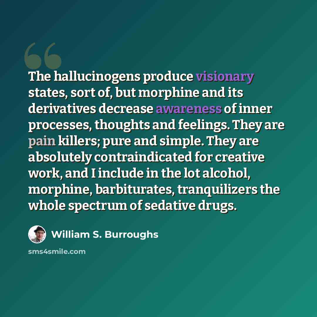 “The hallucinogens produce visionary states, sort of, but morphine and its derivatives decrease awareness of inner processes, thoughts and feelings. They are pain killers; pure and simple. They are absolutely contraindicated for creative work, and I include in the lot alcohol, morphine…” quote by William S. Burroughs