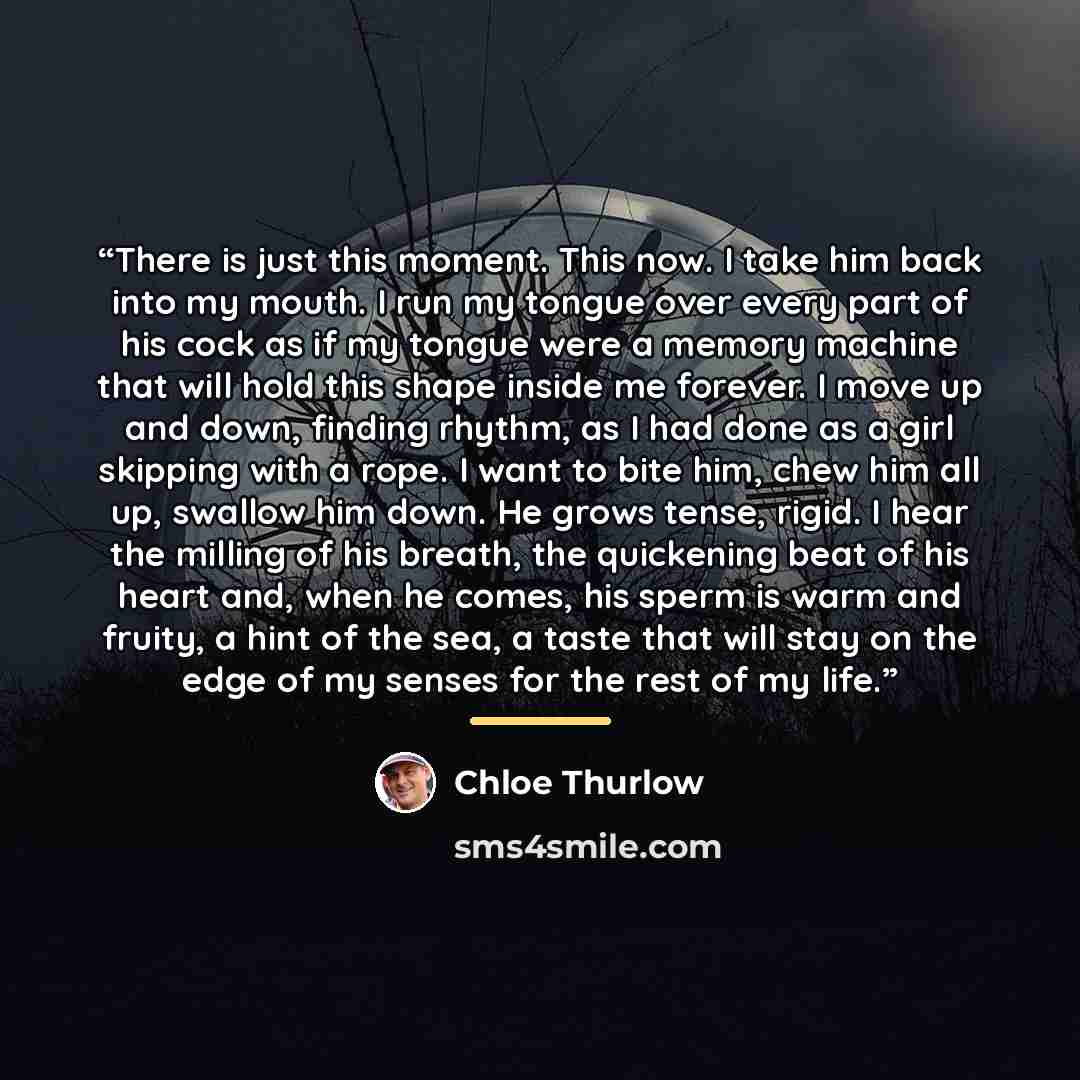 “There is just this moment. This now. I take him back into my mouth. I run my tongue over every part of his cock as if my tongue were a memory machine that will hold this shape inside me forever. I move up and down, finding rhythm, as I had done as a girl skipping with a rope. I want to bite him…” quote by Chloe Thurlow
