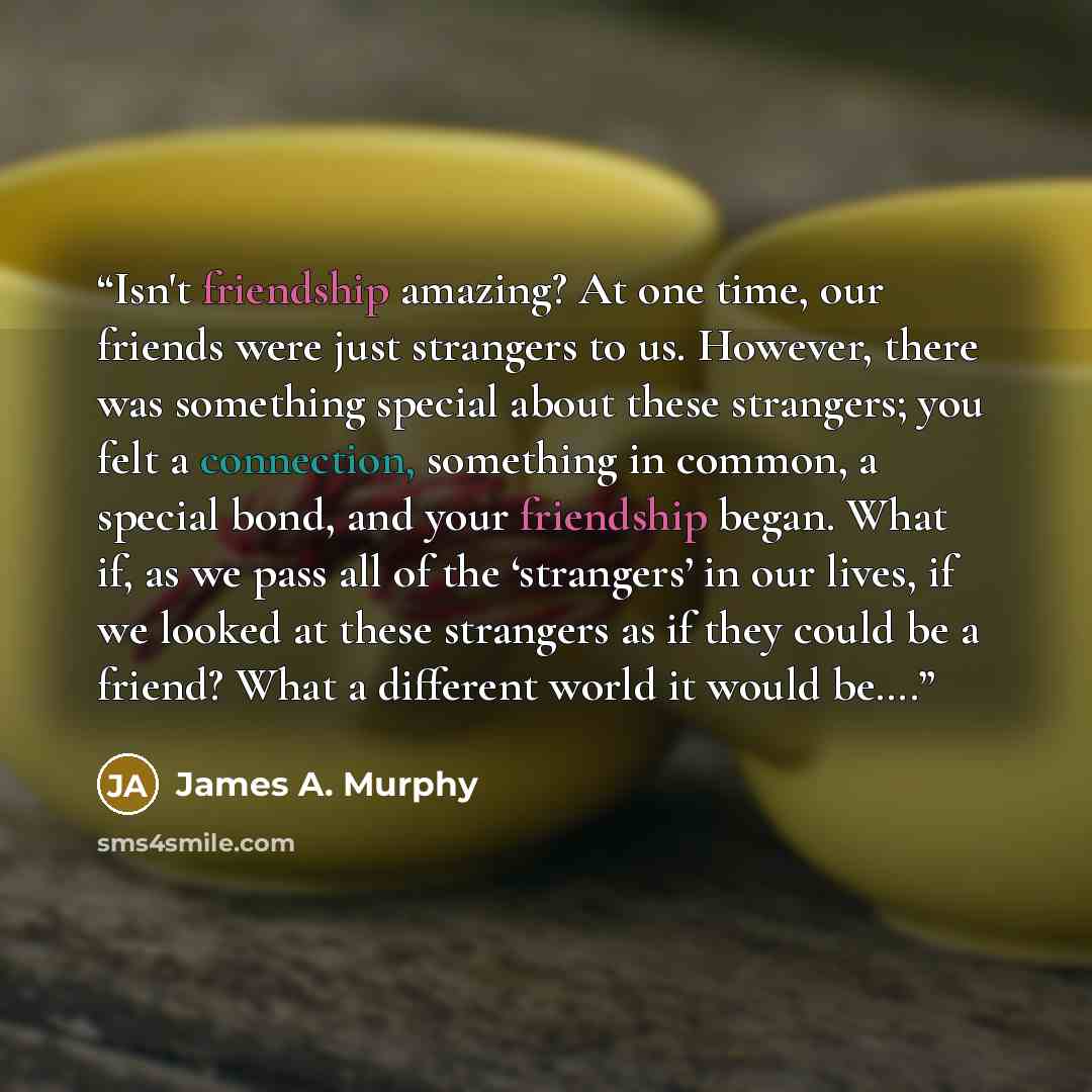 “Isn't friendship amazing? At one time, our friends were just strangers to us. However, there was something special about these strangers; you felt a connection, something in common, a special bond, and your friendship began. What if, as we pass all of the ‘strangers’ in our lives, if we looked at…” quote by James A. Murphy