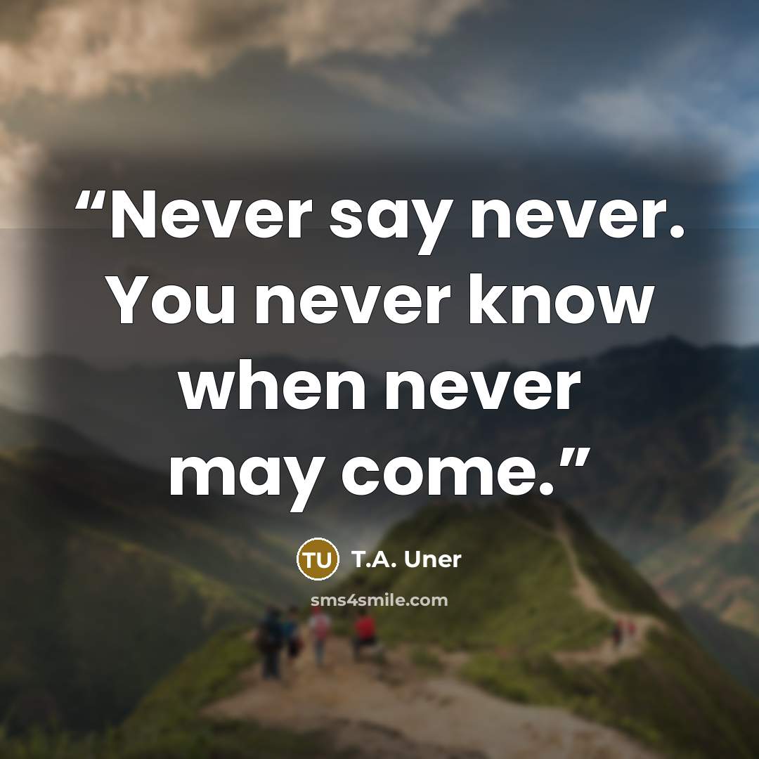 “Never say never. You never know when never may come.” quote by T.A. Uner