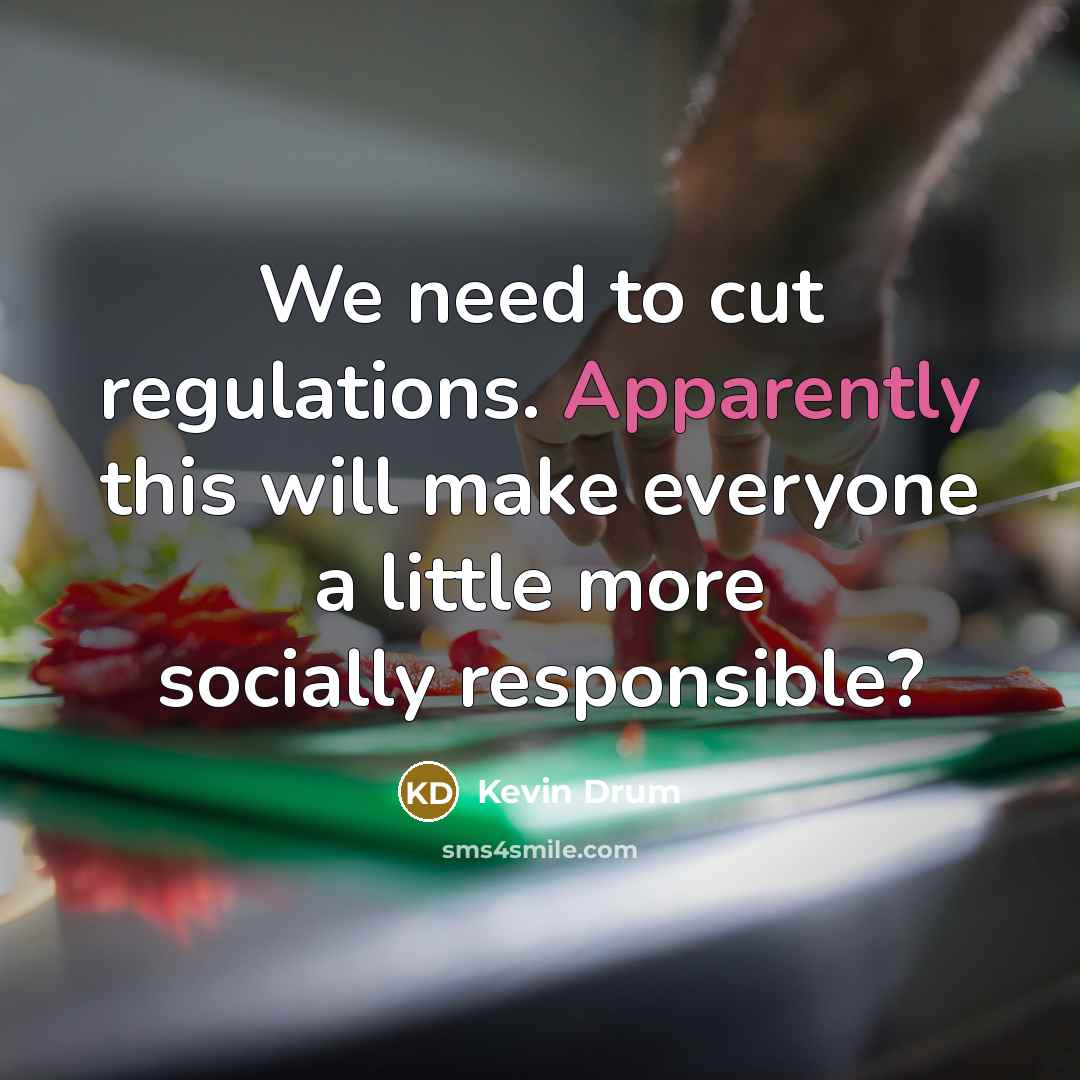 “We need to cut regulations. Apparently this will make everyone a little more socially responsible?” quote by Kevin Drum