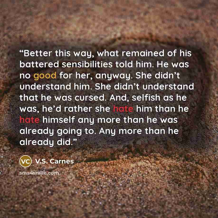 “Better this way, what remained of his battered sensibilities told him. He was no good for her, anyway. She didn’t understand him. She didn’t understand that he was cursed. And, selfish as he was, he’d rather she hate him than he hate himself any more than he was already going to. Any more than he…” quote by V.S. Carnes