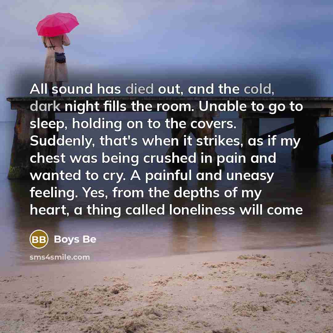 “All sound has died out, and the cold, dark night fills the room. Unable to go to sleep, holding on to the covers. Suddenly, that's when it strikes, as if my chest was being crushed in pain and wanted to cry. A painful and uneasy feeling. Yes, from the depths of my heart, a thing called loneliness…” quote by Boys Be