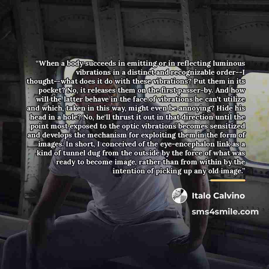 “When a body succeeds in emitting or in reflecting luminous vibrations in a distinct and recognizable order--I thought--what does it do with these vibrations? Put them in its pocket? No, it releases them on the first passer-by. And how will the latter behave in the face of vibrations he can't…” quote by Italo Calvino