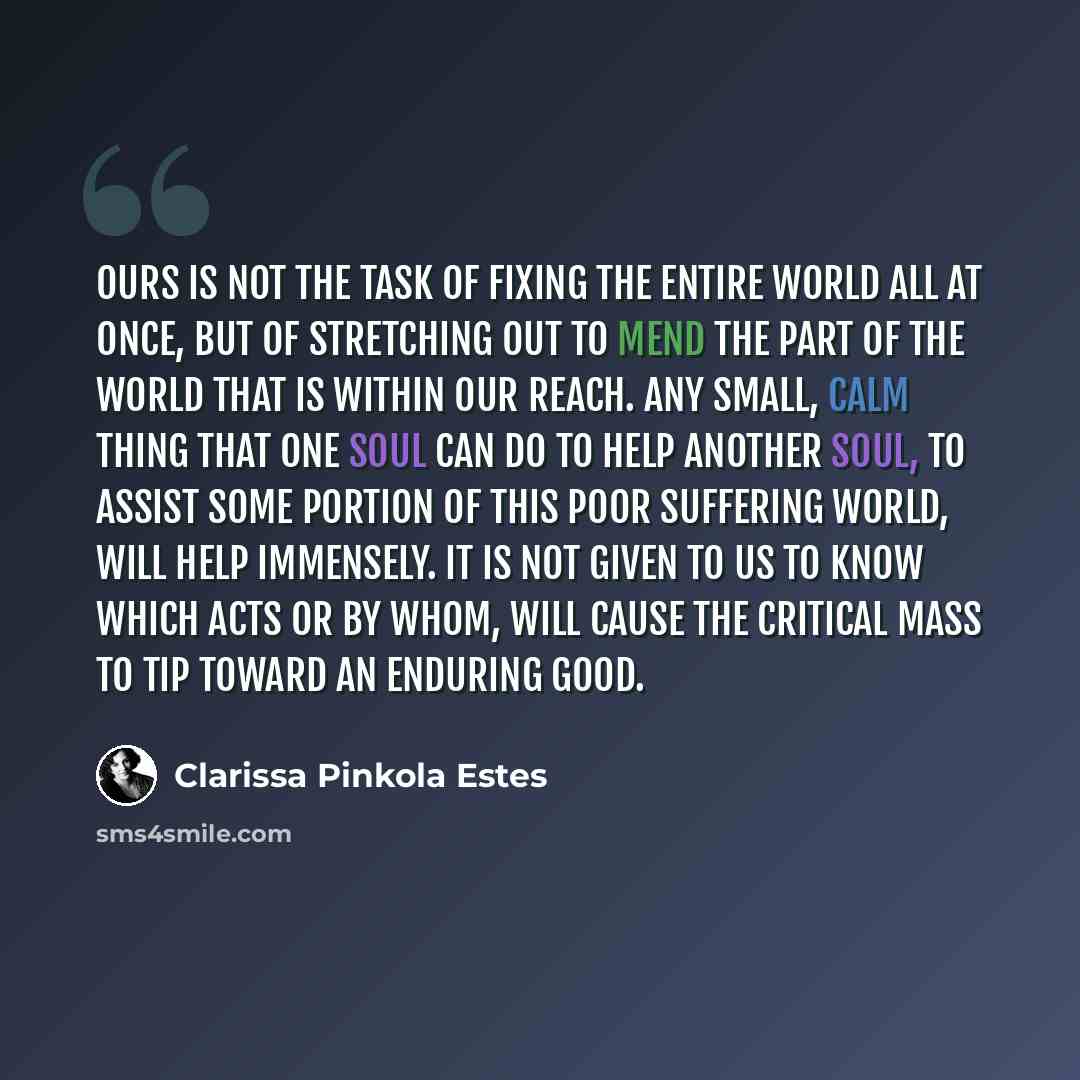 “Ours is not the task of fixing the entire world all at once, but of stretching out to mend the part of the world that is within our reach. Any small, calm thing that one soul can do to help another soul, to assist some portion of this poor suffering world, will help immensely. It is not given to…” quote by Clarissa Pinkola Estes