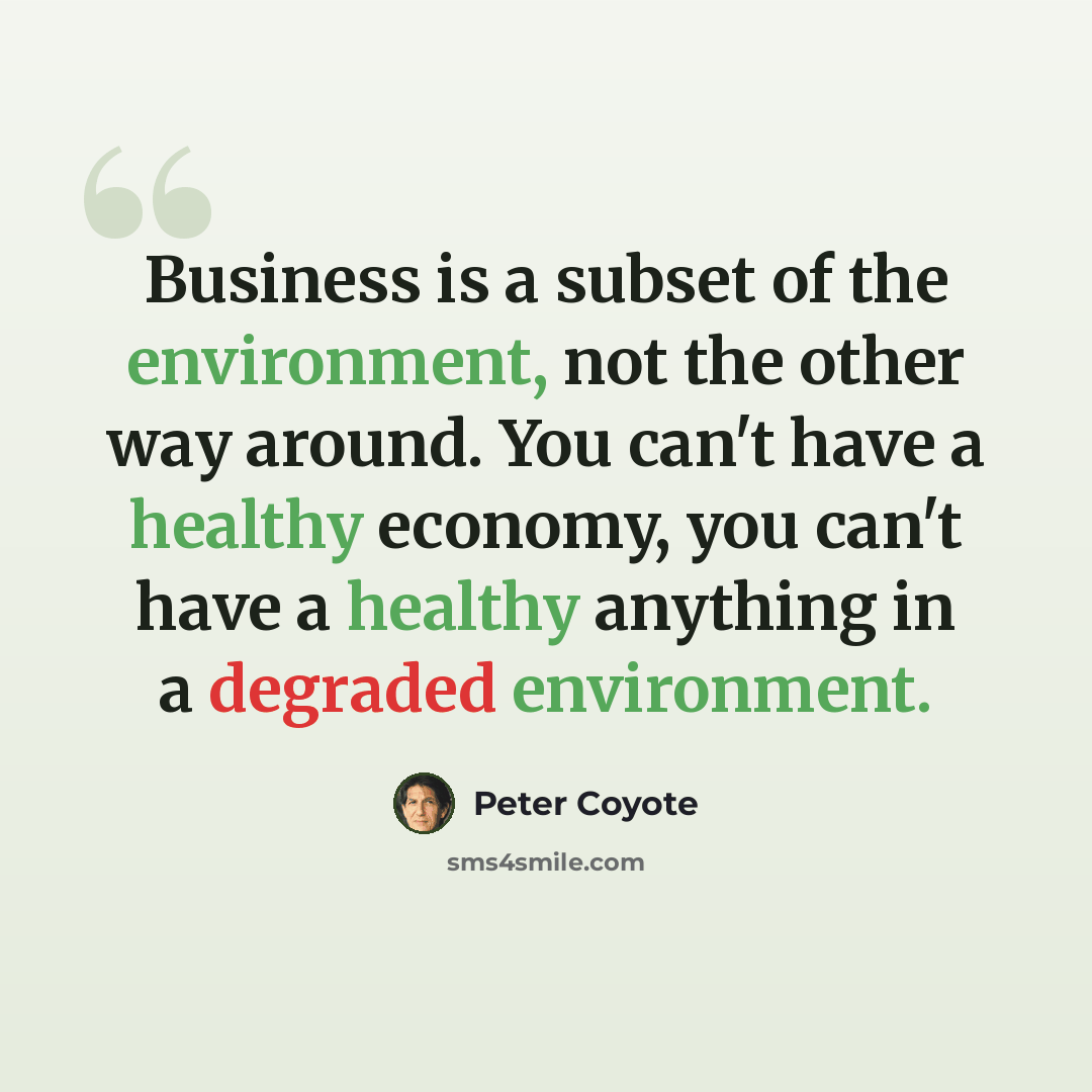 “Business is a subset of the environment, not the other way around. You can't have a healthy economy, you can't have a healthy anything in a degraded environment.” quote by Peter Coyote