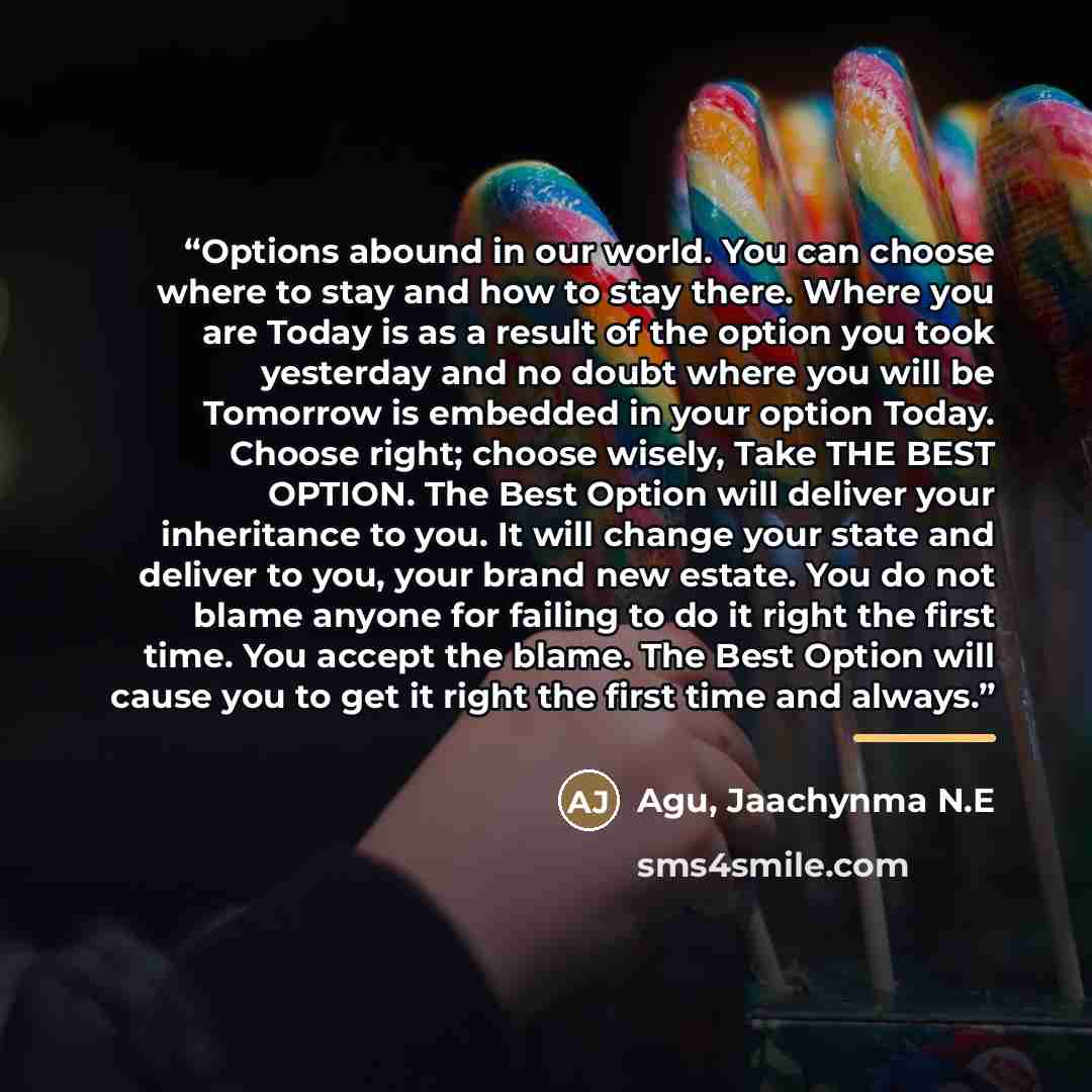 “Options abound in our world. You can choose where to stay and how to stay there. Where you are Today is as a result of the option you took yesterday and no doubt where you will be Tomorrow is embedded in your option Today. Choose right; choose wisely, Take THE BEST OPTION. The Best Option will…” quote by Agu, Jaachynma N.E