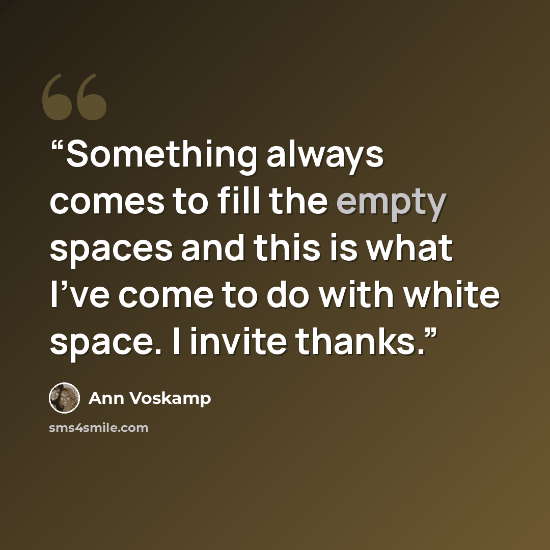 “Something always comes to fill the empty spaces and this is what I've come to do with white space. I invite thanks.” quote by Ann Voskamp