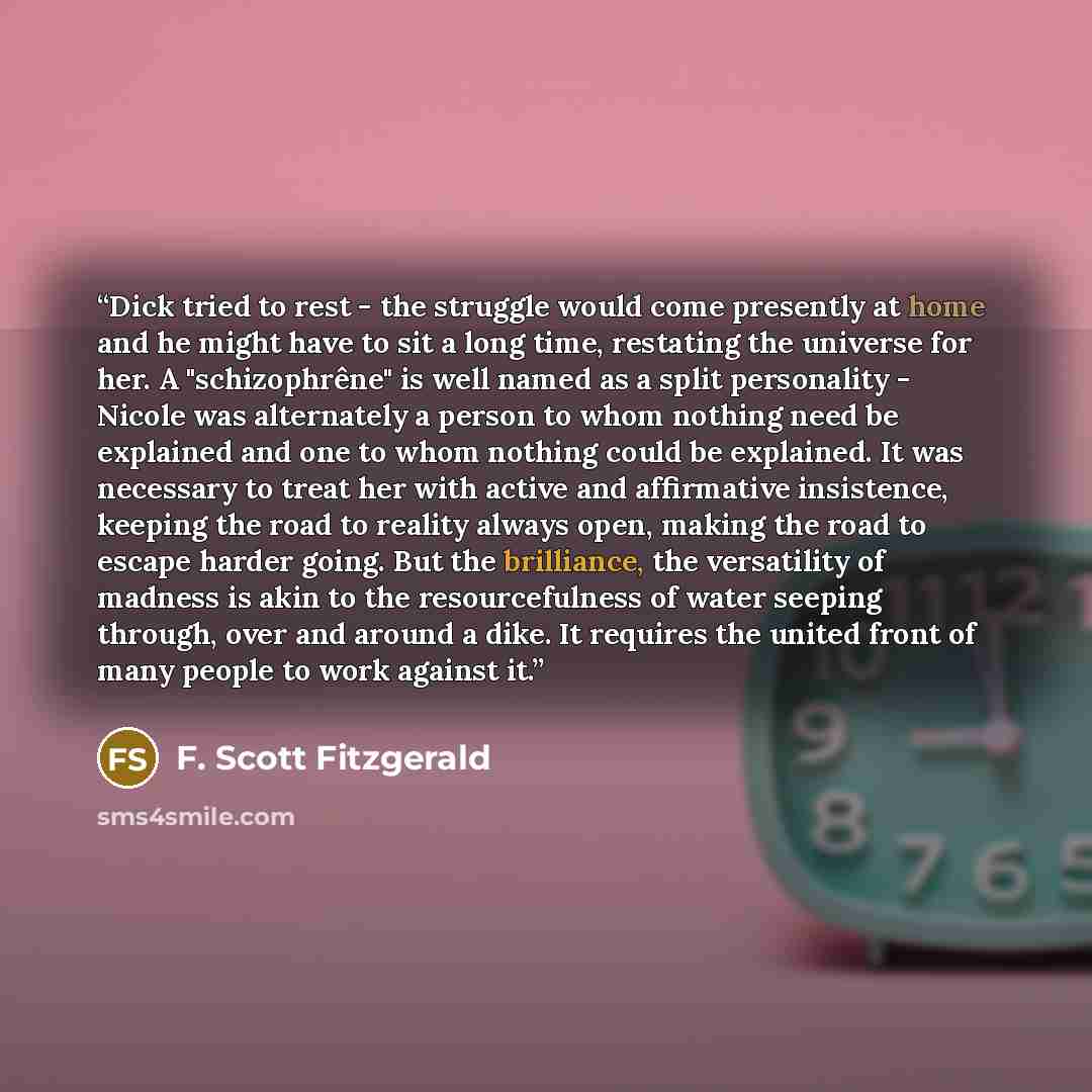 “Dick tried to rest - the struggle would come presently at home and he might have to sit a long time, restating the universe for her. A "schizophrêne" is well named as a split personality - Nicole was alternately a person to whom nothing need be explained and one to whom nothing could be explained…” quote by F. Scott Fitzgerald
