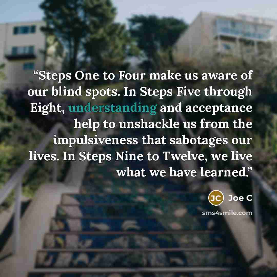 “Steps One to Four make us aware of our blind spots. In Steps Five through Eight, understanding and acceptance help to unshackle us from the impulsiveness that sabotages our lives. In Steps Nine to Twelve, we live what we have learned.” quote by Joe C