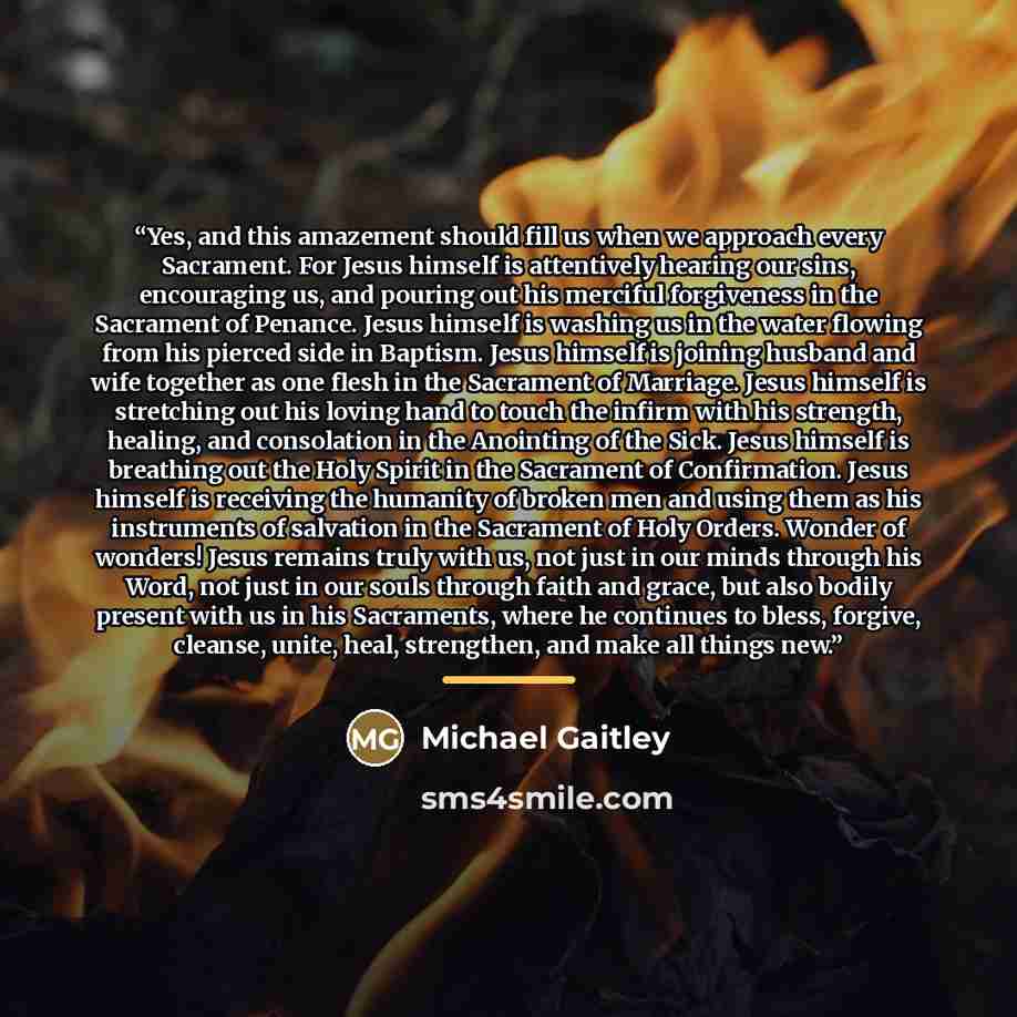“Yes, and this amazement should fill us when we approach every Sacrament. For Jesus himself is attentively hearing our sins, encouraging us, and pouring out his merciful forgiveness in the Sacrament of Penance. Jesus himself is washing us in the water flowing from his pierced side in Baptism. Jesus…” quote by Michael Gaitley