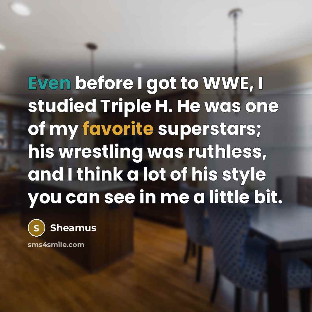 “Even before I got to WWE, I studied Triple H. He was one of my favorite superstars; his wrestling was ruthless, and I think a lot of his style you can see in me a little bit.” quote by Sheamus