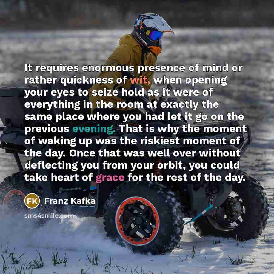 “It requires enormous presence of mind or rather quickness of wit, when opening your eyes to seize hold as it were of everything in the room at exactly the same place where you had let it go on the previous evening. That is why the moment of waking up was the riskiest moment of the day. Once that…” quote by Franz Kafka