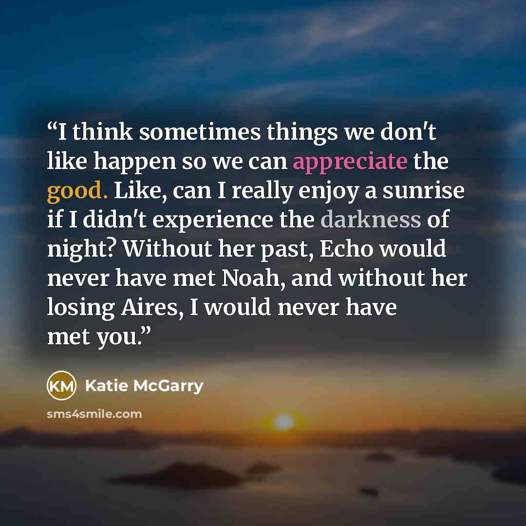 “I think sometimes things we don't like happen so we can appreciate the good. Like, can I really enjoy a sunrise if I didn't experience the darkness of night? Without her past, Echo would never have met Noah, and without her losing Aires, I would never have met you.” quote by Katie McGarry