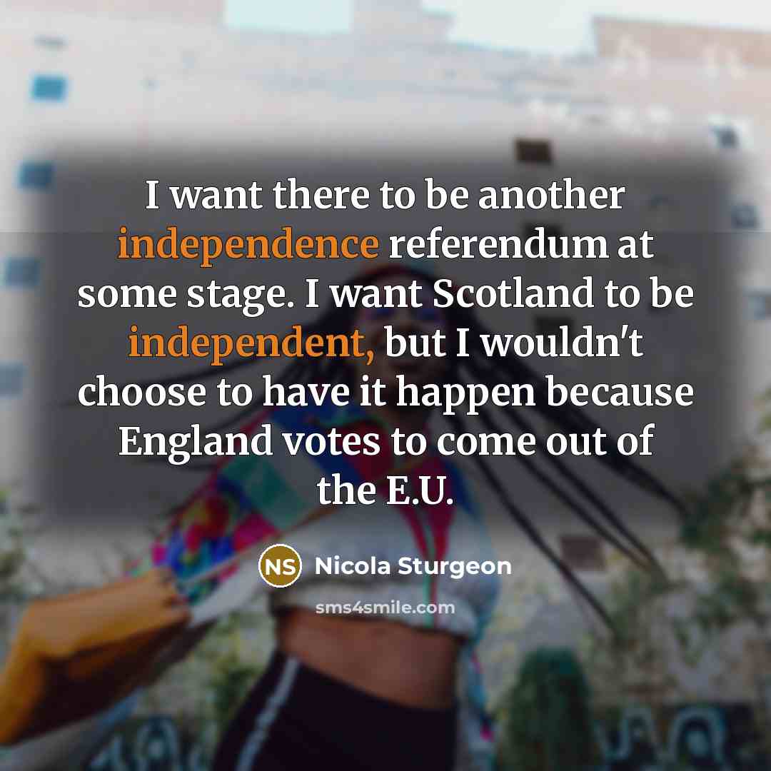 “I want there to be another independence referendum at some stage. I want Scotland to be independent, but I wouldn't choose to have it happen because England votes to come out of the E.U.” quote by Nicola Sturgeon