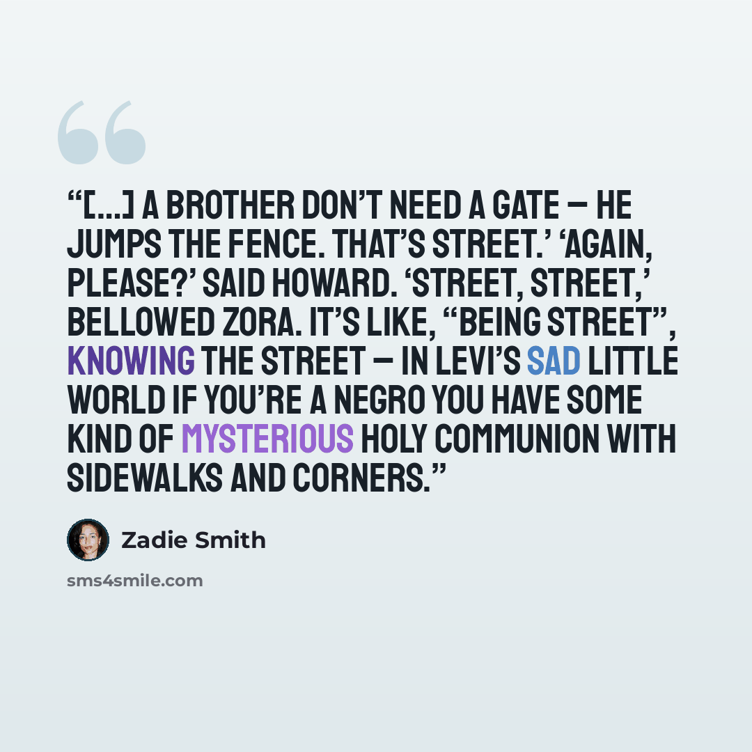 “[…] A brother don’t need a gate – he jumps the fence. That’s street.’ ‘Again, please?’ said Howard. ‘Street, street,’ bellowed Zora. It’s like, “being street”, knowing the street – in Levi’s sad little world if you’re a Negro you have some kind of mysterious holy communion with sidewalks and…” quote by Zadie Smith