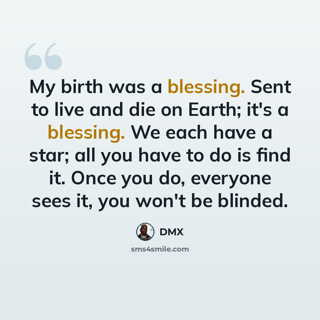 “My birth was a blessing. Sent to live and die on Earth; it's a blessing. We each have a star; all you have to do is find it. Once you do, everyone sees it, you won't be blinded.” quote by DMX