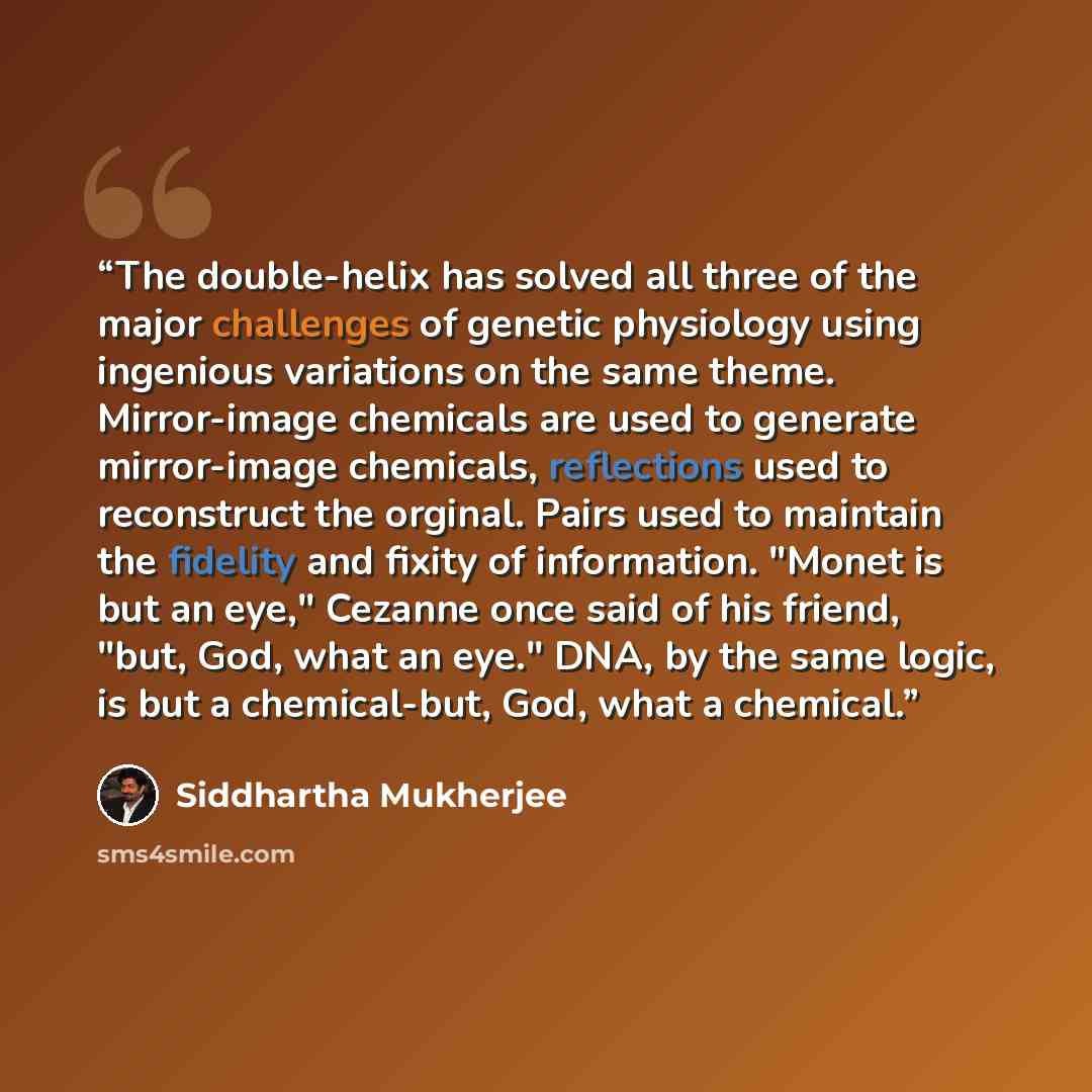 “The double-helix has solved all three of the major challenges of genetic physiology using ingenious variations on the same theme. Mirror-image chemicals are used to generate mirror-image chemicals, reflections used to reconstruct the orginal. Pairs used to maintain the fidelity and fixity of…” quote by Siddhartha Mukherjee