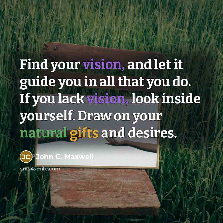 “Find your vision, and let it guide you in all that you do. If you lack vision, look inside yourself. Draw on your natural gifts and desires.” quote by John C. Maxwell