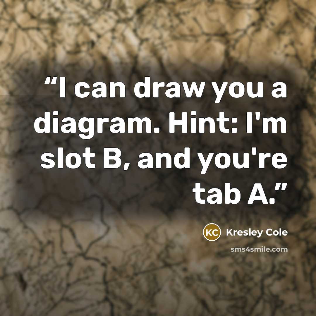 “I can draw you a diagram. Hint: I'm slot B, and you're tab A.” quote by Kresley Cole