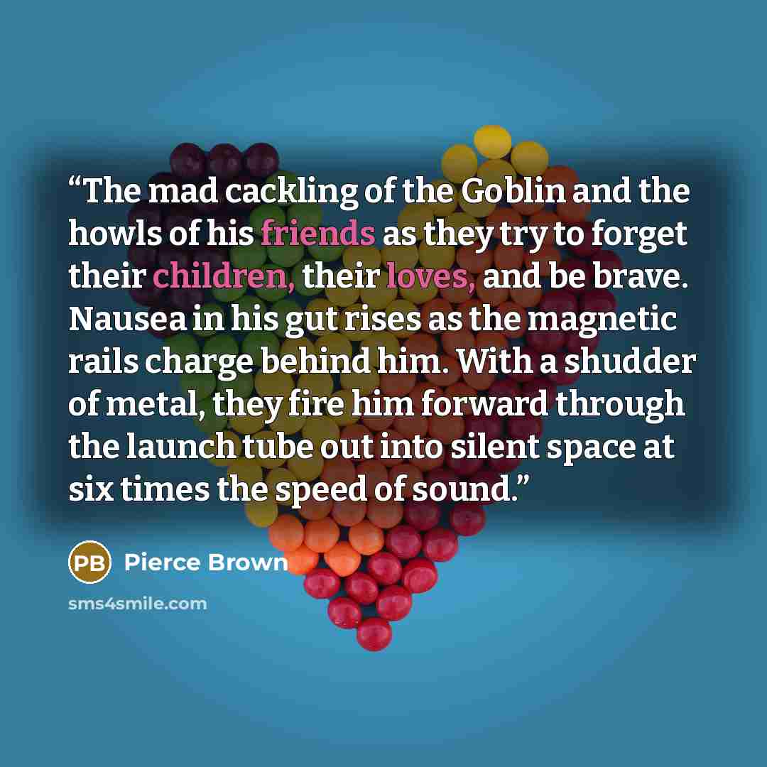 “The mad cackling of the Goblin and the howls of his friends as they try to forget their children, their loves, and be brave. Nausea in his gut rises as the magnetic rails charge behind him. With a shudder of metal, they fire him forward through the launch tube out into silent space at six times…” quote by Pierce Brown