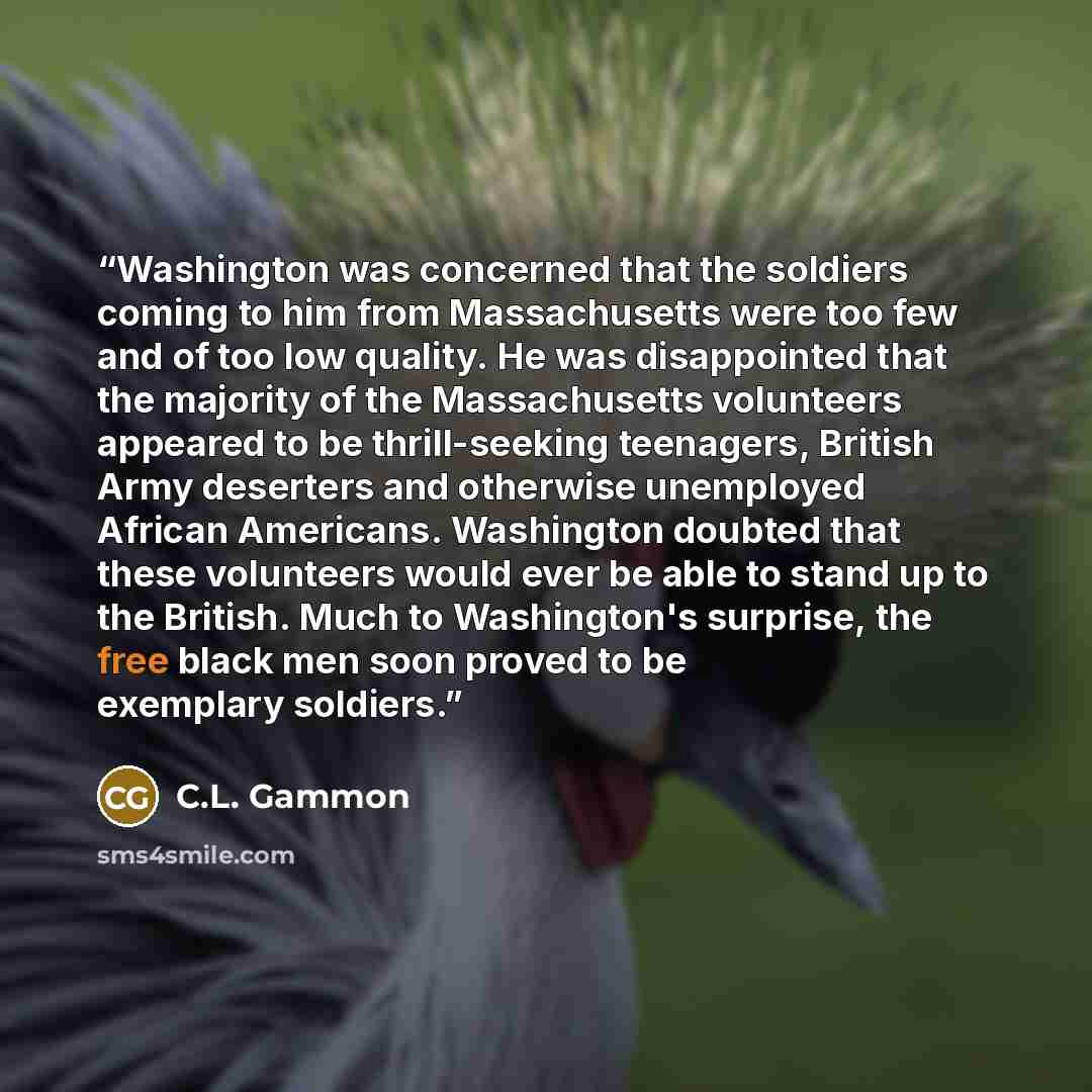 “Washington was concerned that the soldiers coming to him from Massachusetts were too few and of too low quality. He was disappointed that the majority of the Massachusetts volunteers appeared to be thrill-seeking teenagers, British Army deserters and otherwise unemployed African Americans…” quote by C.L. Gammon