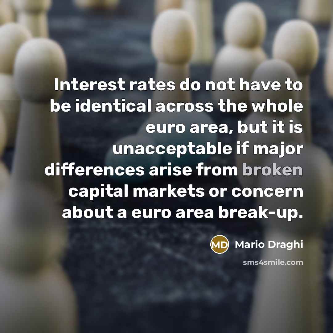 “Interest rates do not have to be identical across the whole euro area, but it is unacceptable if major differences arise from broken capital markets or concern about a euro area break-up.” quote by Mario Draghi