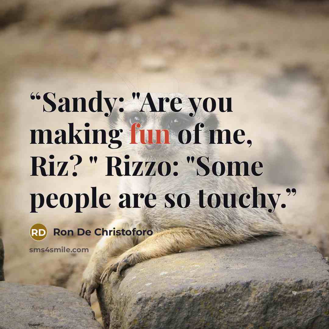 “Sandy: "Are you making fun of me, Riz? " Rizzo: "Some people are so touchy.” quote by Ron De Christoforo