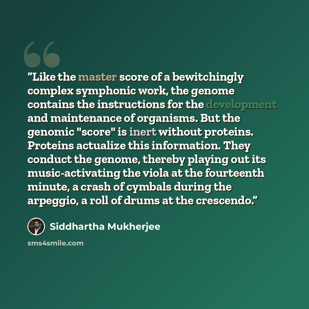“Like the master score of a bewitchingly complex symphonic work, the genome contains the instructions for the development and maintenance of organisms. But the genomic "score" is inert without proteins. Proteins actualize this information. They conduct the genome, thereby playing out its…” quote by Siddhartha Mukherjee