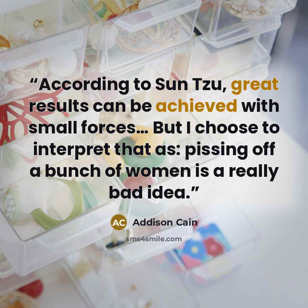 “According to Sun Tzu, great results can be achieved with small forces… But I choose to interpret that as: pissing off a bunch of women is a really bad idea.” quote by Addison Cain
