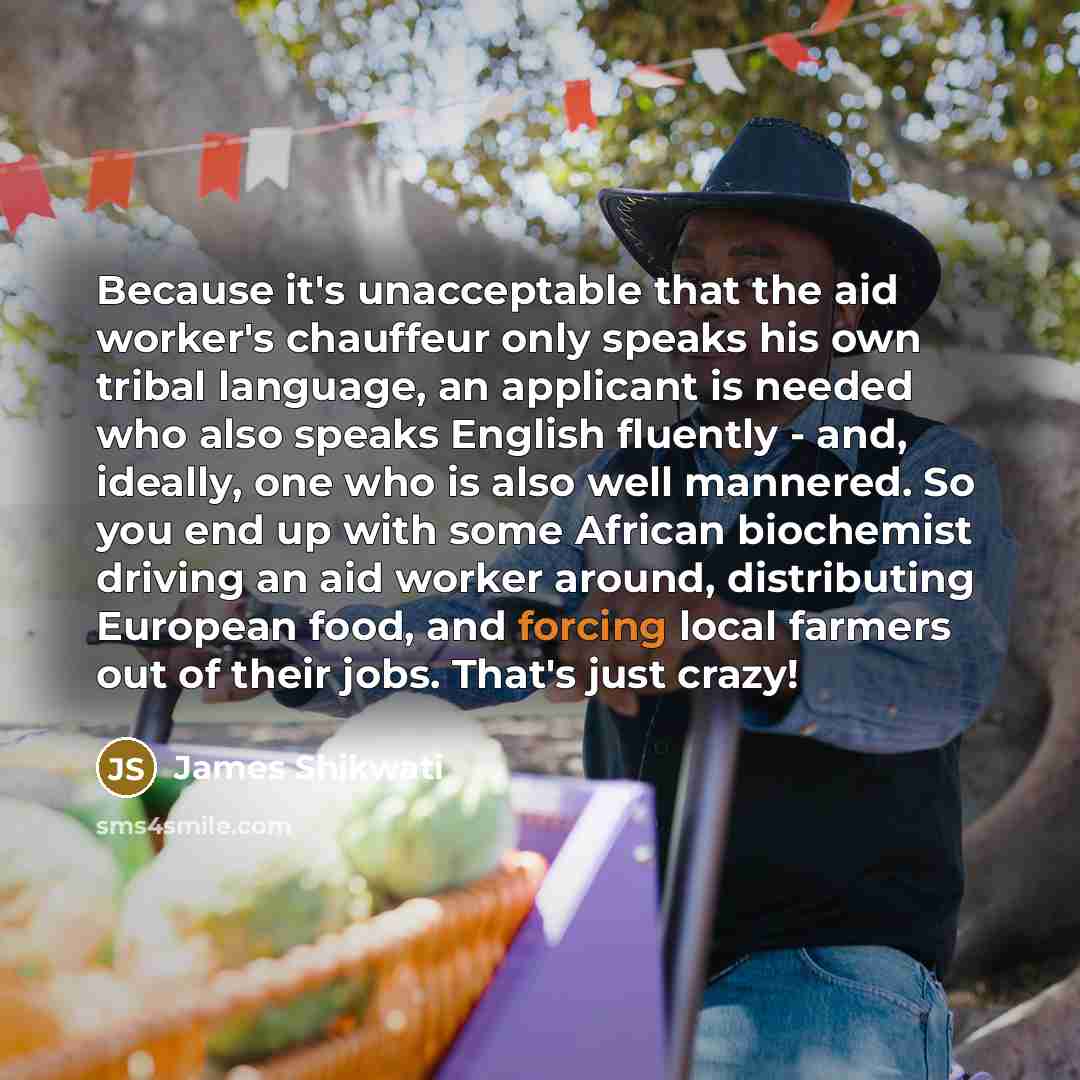 “Because it's unacceptable that the aid worker's chauffeur only speaks his own tribal language, an applicant is needed who also speaks English fluently - and, ideally, one who is also well mannered. So you end up with some African biochemist driving an aid worker around, distributing European food…” quote by James Shikwati