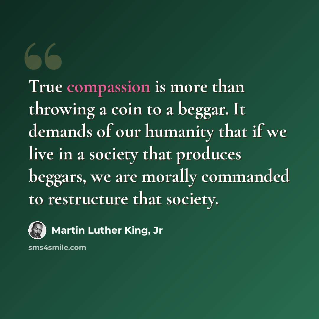 “True compassion is more than throwing a coin to a beggar. It demands of our humanity that if we live in a society that produces beggars, we are morally commanded to restructure that society.” quote by Martin Luther King, Jr