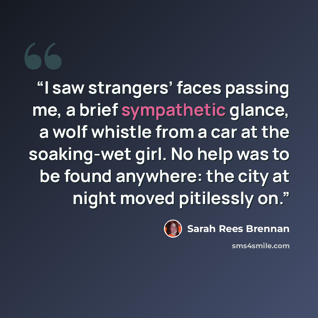 “I saw strangers’ faces passing me, a brief sympathetic glance, a wolf whistle from a car at the soaking-wet girl. No help was to be found anywhere: the city at night moved pitilessly on.” quote by Sarah Rees Brennan